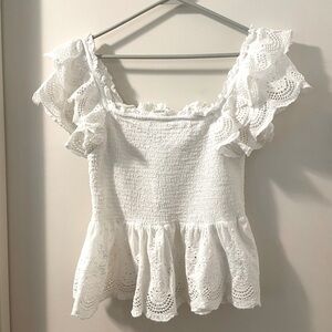 Jennifer & Grace Smocked Eyelet Lace Ruffle Girly Coquette Summer Top Size M